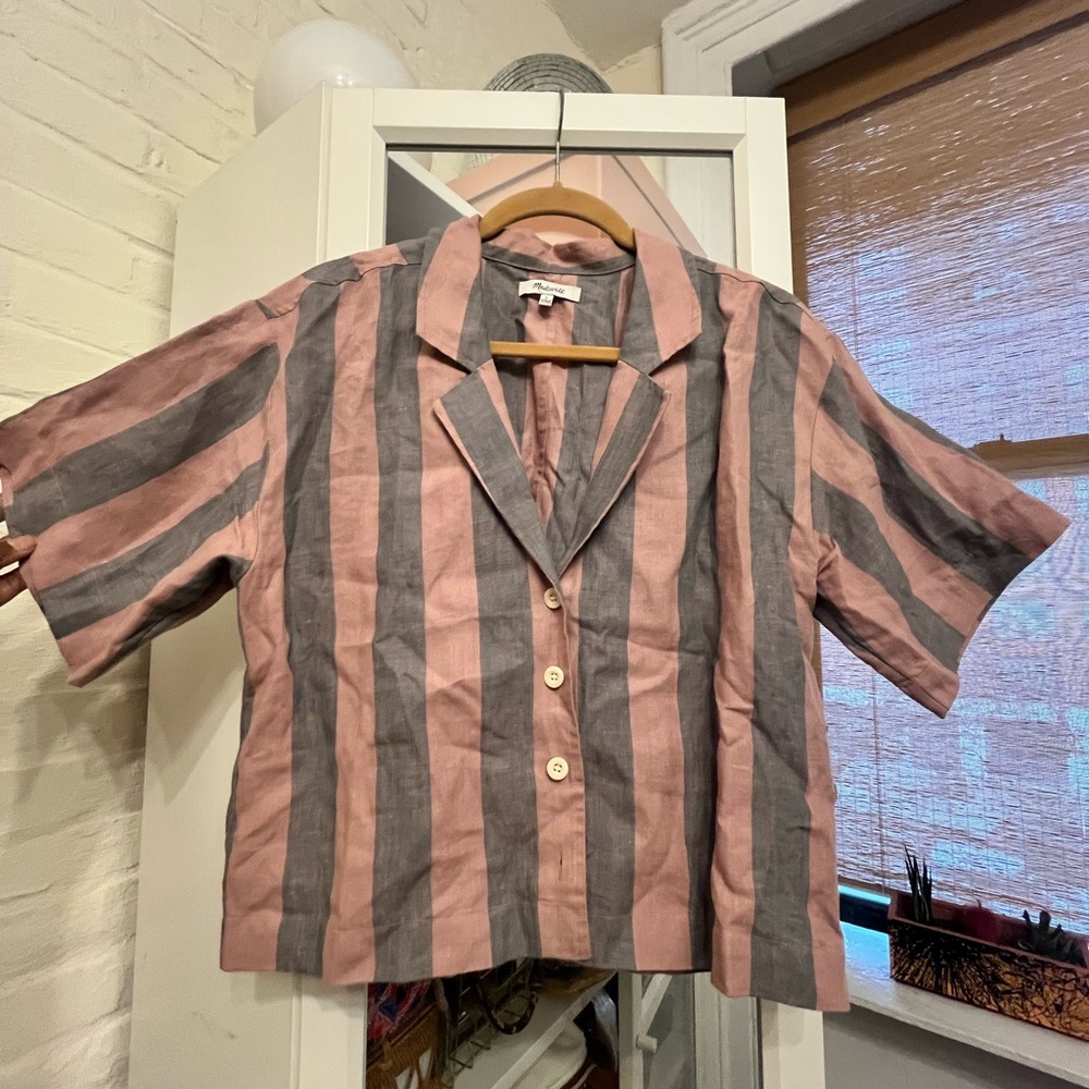 Madewell Pink and Gray Striped Linen Button Down Shirt